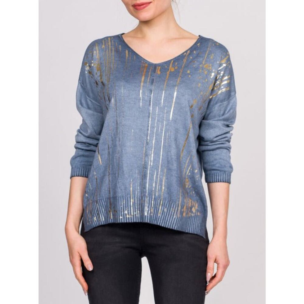Bella Amore Women's V-Neck Sweater One Size 3/4 Sleeve Blue Gold Stroke NWT